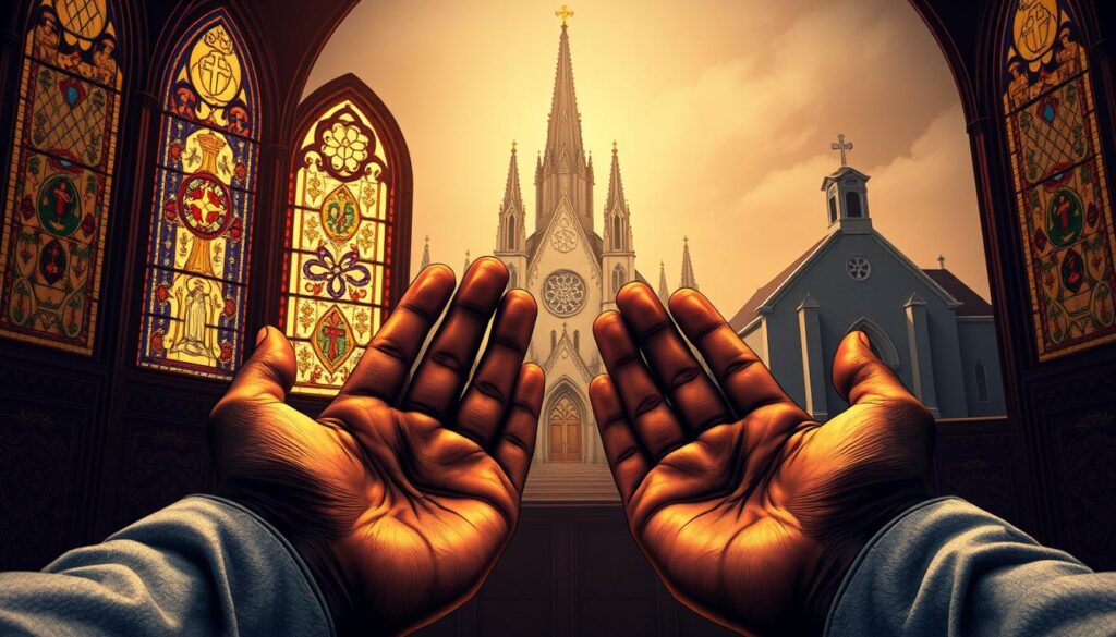 A detailed illustration showcasing the core beliefs that distinguish Catholicism and Protestantism. In the foreground, a pair of open hands symbolize the fundamental differences in their theological approaches, with Catholic beliefs represented by ornate, intricate patterns and symbols, while Protestant beliefs are depicted through minimalist, austere lines. In the middle ground, stained glass windows cast a warm, reverent glow, highlighting the contrasting aesthetics and architectural styles of their respective places of worship. In the background, a soaring cathedral and a simple, unadorned church stand as architectural embodiments of their divergent spiritual philosophies, captured through a cinematic, atmospheric lighting that evokes a sense of timelessness and reverence.