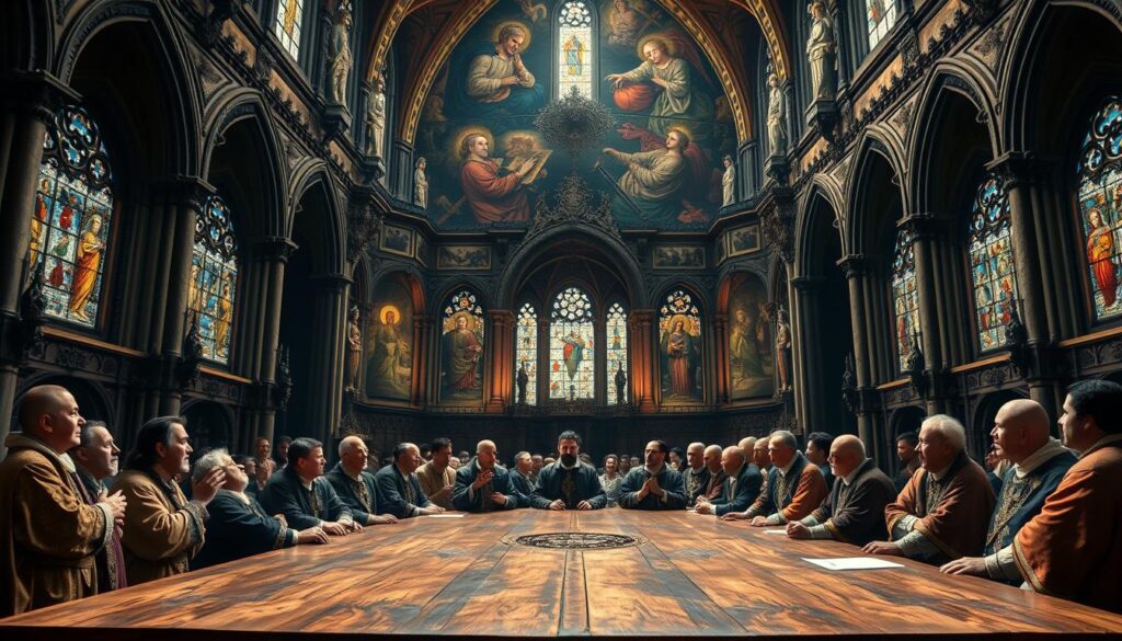 A detailed interior of the Council of Trent, the historic ecumenical council of the Roman Catholic Church in the 16th century. The foreground features a large oak table with ecclesiastical figures in ornate robes engaged in lively debate. The middle ground showcases an intricate Gothic-style cathedral interior, with stained glass windows casting warm, dramatic lighting. The background depicts a vast vaulted ceiling adorned with religious frescoes and statues of saints. The overall atmosphere conveys the gravity and significance of the Council's deliberations on the biblical canon.
