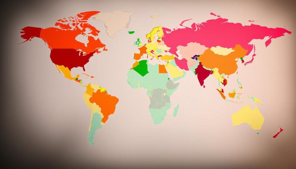 A detailed map of the global distribution of Catholic populations, showcasing the relative densities and regional concentrations. The foreground displays vibrant color-coded regions, with the largest Catholic communities standing out prominently. The middle ground features stylized country outlines and borders, allowing for a clear spatial analysis. The background incorporates a subtle, muted world map, providing geographical context. The lighting is soft and diffused, creating a sense of depth and atmosphere. The overall composition strikes a balance between informative clarity and aesthetic appeal, capturing the essence of the "Catholicism Demographics: Current Trends and Regional Analysis" section.