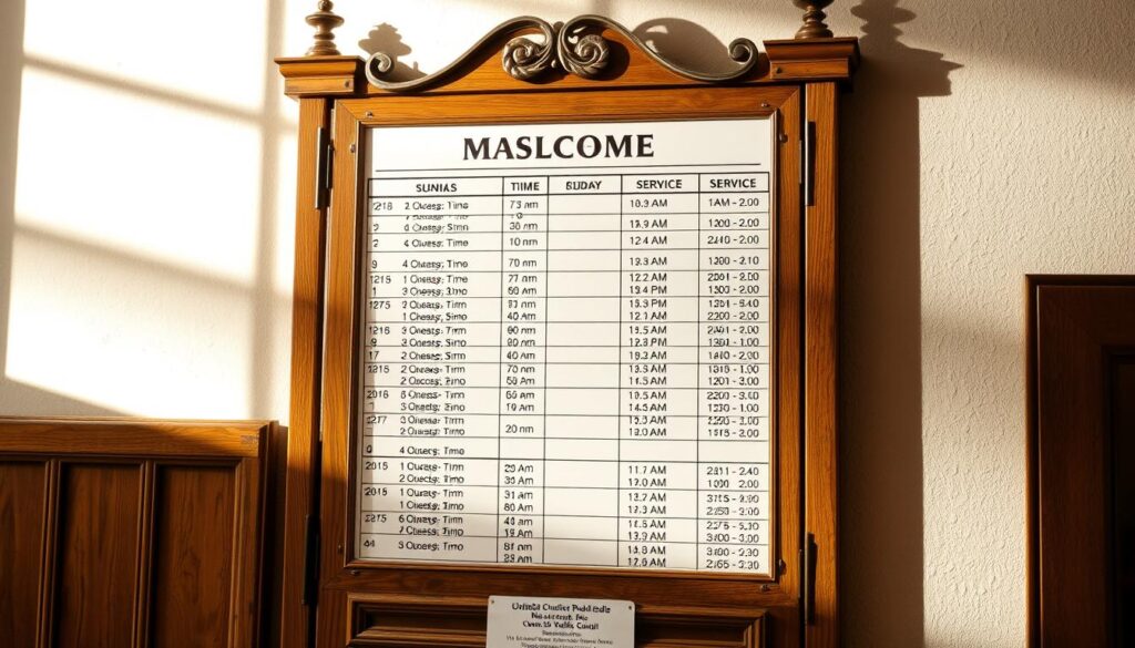 A detailed, neatly organized mass schedule displayed on a traditional church bulletin board. The board is made of warm, weathered wood, with ornate metal accents. The schedule is presented in a clear, easy-to-read format, with each service time and day highlighted. The lighting is soft and natural, casting a serene, reverent atmosphere. The angle captures the full bulletin board, allowing the viewer to easily absorb the information. The overall scene conveys a sense of welcoming, community, and the comforting rituals of Catholic worship.