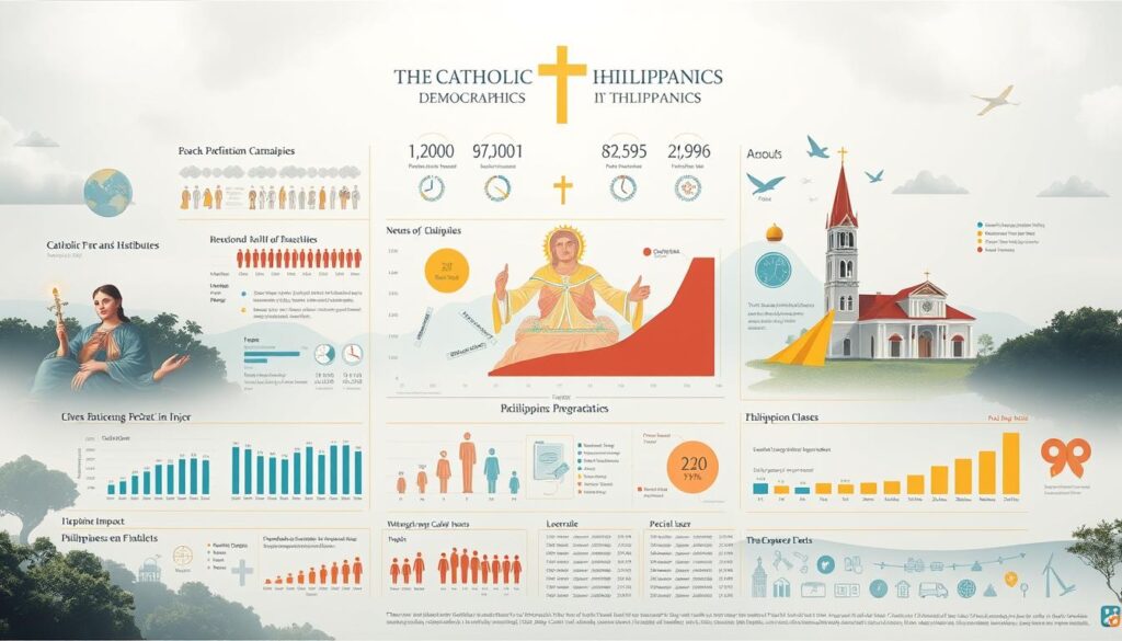 A detailed statistical visualization of Catholic demographics, showcasing the rich diversity and influence of the faith in the Philippines. A serene, well-lit scene, with a central chart or infographic presenting key data points, such as population distribution, growth trends, and social impact. Surrounding the central focus, subtle visual elements allude to the cultural and historical context, such as religious iconography, architectural details, or natural landscapes. The overall impression should be one of authoritative, yet visually compelling data presentation, conveying the significance of Catholicism within the Philippine social fabric.