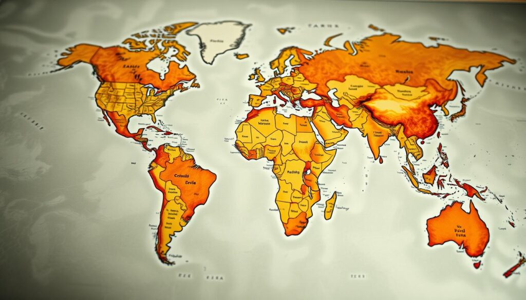 A detailed world map depicting the global centers of Catholic population, with vivid colors and a realistic, cartographic style. The foreground showcases the major Catholic hubs across the continents, with cities and regions highlighted in warm tones. The middle ground features intricate country borders and terrain, conveying a sense of geographic scale. The background subtly fades into a soft, ethereal atmosphere, creating a contemplative mood. Crisp, high-resolution rendering with a cinematic, wide-angle lens perspective, capturing the grand scale and scope of the Catholic faith's worldwide reach.