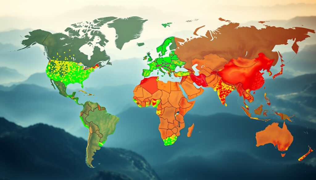 A detailed world map depicting the regional distribution and shifting demographics of Catholicism. The foreground shows vibrant dots and heat maps indicating the concentration of Catholic populations across continents. The middle ground features stylized country borders and geographic features, with colors and textures conveying a sense of data visualization. The background showcases a subtle, atmospheric landscape with a soft, muted palette, providing a sense of depth and context. The lighting is natural and diffused, creating a sense of depth and dimensionality. The overall tone is informative, data-driven, and visually compelling, suitable for illustrating the "Regional Distribution and Shifting Demographics" section of the article.