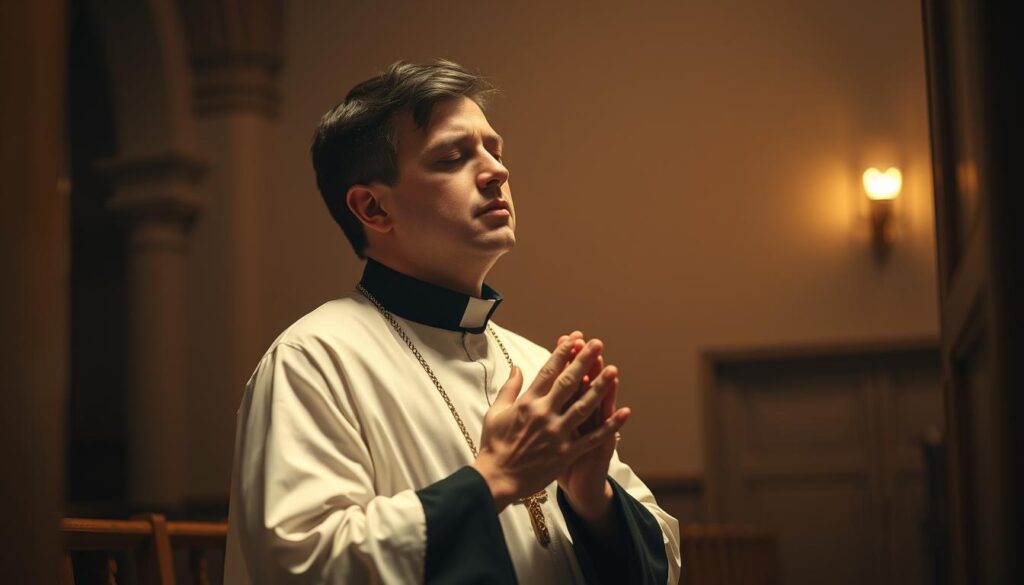 A devout Catholic kneeling in a confessional, eyes closed in prayer, hands clasped in a posture of humble contrition. Soft, warm lighting illuminates the figure, casting a reverent glow. The background is a dimly lit church interior, with subtle architectural details hinting at the sacred space. The overall mood is one of sincere repentance and a heartfelt desire for forgiveness. The composition emphasizes the intimate, personal nature of the act of contrition, inviting the viewer to reflect on their own spiritual journey.