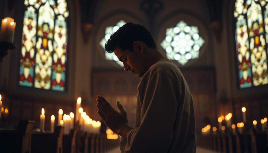 A devout individual kneeling in humble prayer, their head bowed and hands clasped, surrounded by a serene, candlelit sanctuary. The soft, warm lighting casts a gentle glow, creating an atmosphere of reverence and contemplation. In the background, intricate stained-glass windows filter in a muted, ethereal light, adding to the sacred ambiance. The figure's expression conveys a sense of peaceful anticipation, as they prepare to embark on the transformative journey of becoming a Christian catechumen.