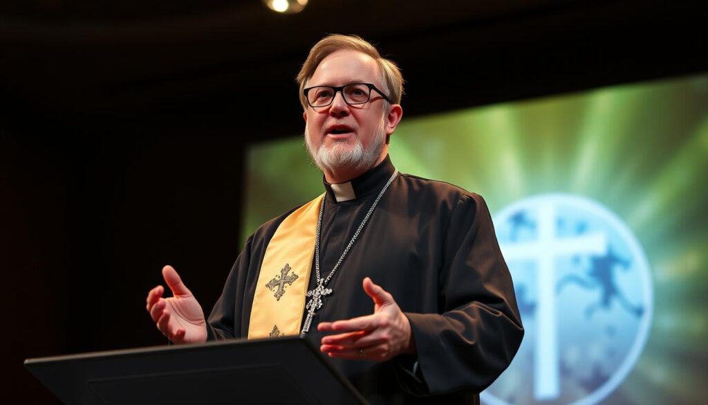 A digital portrait of Bishop Robert Barron, a prominent Catholic evangelist, standing at a podium against a backdrop of a large digital screen displaying his signature visuals. The lighting is warm and focused, casting a contemplative, authoritative aura. The bishop's expression is one of passion and conviction as he delivers his message of faith and reason to a virtual audience. The scene conveys a sense of modern, tech-savvy evangelization, where traditional Catholic teachings are skillfully communicated through the power of digital media.