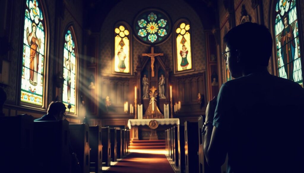 A dimly lit Catholic chapel, sunlight streaming through stained glass windows, illuminating a worshiper kneeling in quiet contemplation, rosary beads in hand. In the middle ground, a row of pews faces an ornate altar, candles flickering, the air infused with the scent of incense. In the background, intricate religious iconography adorns the walls, creating an atmosphere of reverence and spiritual connection. The scene conveys a sense of personal devotion and the integration of mystical practices into the rhythm of daily life.