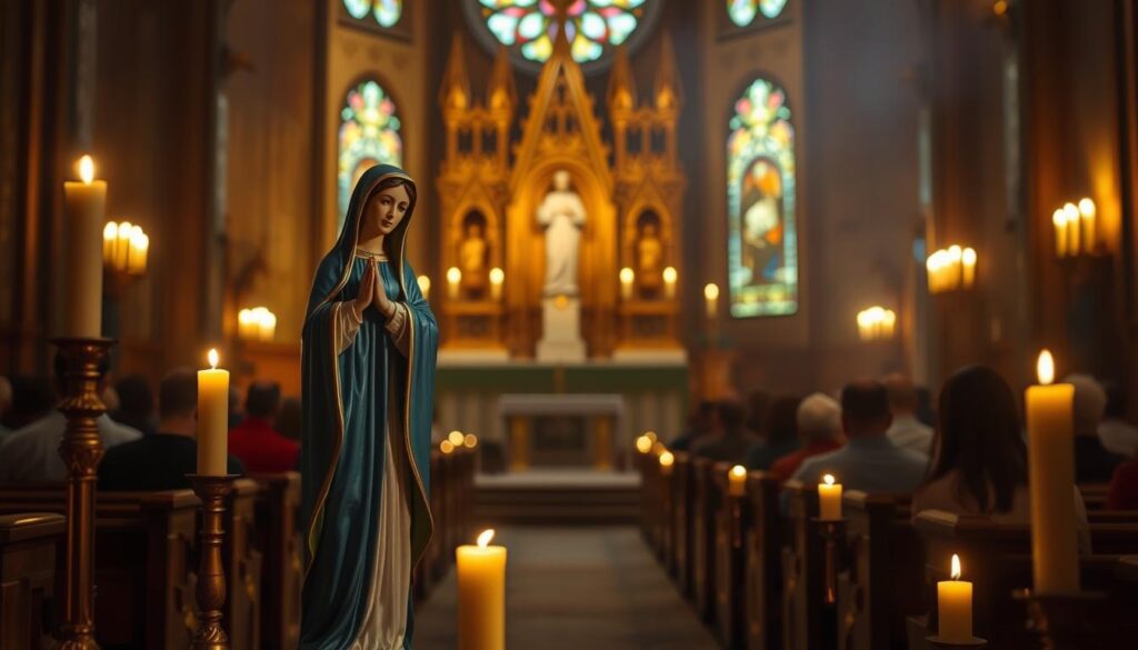 A dimly-lit Catholic church interior, illuminated by the soft glow of candlelight. In the foreground, a figure of the Blessed Virgin Mary stands in a reverent pose, her hands clasped in prayer. She is adorned in a flowing blue robe and a delicate veil. Behind her, the altar is adorned with ornate carvings and golden accents, casting a warm, sacred atmosphere. In the middle ground, a group of worshippers kneel in pews, their heads bowed in devotion. The background is hazy, with stained glass windows casting colored light onto the scene. The overall mood is one of reverence, solemnity, and the profound spiritual connection between the Blessed Virgin and her devoted followers.