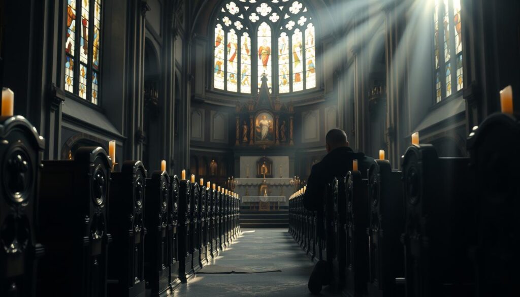 A dimly lit Catholic church interior, sunlight streaming through stained glass windows, casting warm hues across the pews. In the foreground, a lone figure kneels in prayer, hands clasped, face turned upward in reverence. The middle ground features ornate wooden pews, intricate architectural details, and the glow of candles flickering along the aisles. In the background, the altar stands tall, adorned with religious symbols and a sense of solemn grandeur. The atmosphere is one of profound tranquility and spiritual contemplation, inviting the viewer to join in the act of worship and devotion.