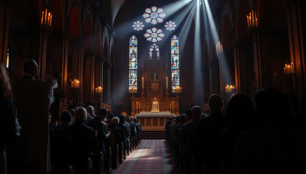 A dimly lit Catholic church interior, the warm glow of candles illuminating the ornate altar and sanctuary. Priests in flowing robes perform the sacred Mass rituals, their gestures and movements steeped in centuries of tradition. Congregants kneel reverently, hands clasped in prayer, their faces alight with a sense of devotion and spiritual connection. The air is thick with the scent of incense, the chants and responses of the liturgy echoing off the vaulted ceilings. A shaft of sunlight streams through a stained glass window, casting a kaleidoscope of colors across the scene. The overall atmosphere is one of solemn reverence and timeless spiritual communion.