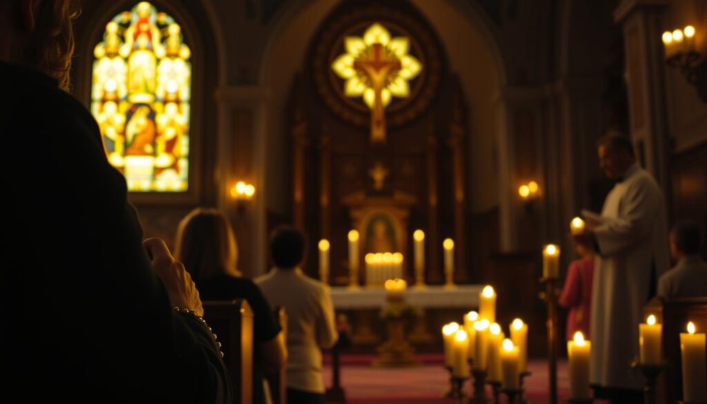 A dimly lit Catholic church interior, the warm glow of candles illuminating the ornate altar and stained glass windows. In the foreground, a devout parishioner kneels in prayer, rosary beads clasped in hands. The middle ground features a small group of worshippers, heads bowed, immersed in quiet contemplation. In the background, a priest stands before the congregation, leading them in a solemn ceremony. Soft, diffused lighting creates an atmosphere of reverence and serenity, reflecting the deep spiritual connection between the faithful and their faith.