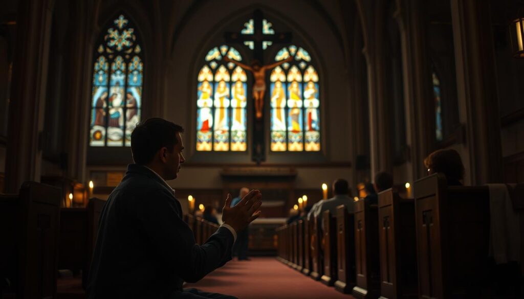 A dimly lit Catholic church interior, with soft, warm lighting casting a reverent atmosphere. In the foreground, a devout worshipper kneels before a large, ornate crucifix, hands clasped in fervent prayer. The middle ground features rows of wooden pews, a few other parishioners engaged in personal devotions. In the background, stained glass windows bathe the scene in a kaleidoscope of sacred colors, creating a sense of divine presence. The overall composition conveys a solemn, introspective mood, highlighting the intimate connection between the individual and their faith.