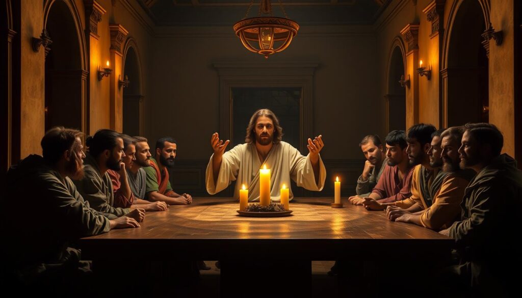 A dimly lit Renaissance-style interior, bathed in warm, golden candlelight. At the center, a long wooden table where Jesus and his twelve disciples gather for the Last Supper. Jesus, in a flowing robe, extends his hands in a gesture of blessing, his expression serene and contemplative. The disciples, rendered in detailed portraiture, lean in, their faces etched with a mix of reverence, concern, and quiet contemplation. In the background, arched doorways and ornate columns hint at the grandeur of the setting, while muted shadows create a sense of intimacy and solemnity. The overall mood is one of profound spiritual significance, reflecting the solemn occasion of Maundy Thursday.