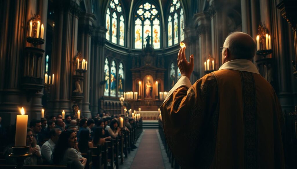 A dimly lit cathedral interior, candles flickering, the air thick with the scent of incense. In the foreground, a priest in ornate vestments performs a solemn ritual, his hands gracefully gesturing as he elevates the host. The congregation kneels in reverence, faces illuminated by the soft glow of stained glass windows. The scene is infused with a sense of timeless tradition, the weight of centuries of faith palpable in every detail. Ornate altars, carved pews, and intricate architectural elements create a sense of awe and reverence. The image conveys the depth and complexity of Latin Catholic rituals, their ability to transport the faithful to a higher plane of spiritual connection.