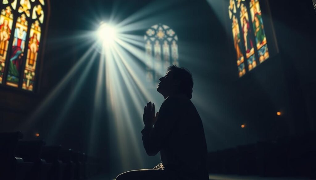 A dimly lit cathedral interior, stained glass windows casting a warm, ethereal glow. In the foreground, a figure kneeling in reverent prayer, hands clasped, expression serene. Shafts of heavenly light illuminate a halo-like aura around their head, symbolizing the spiritual gifts of the Holy Spirit. In the middle ground, two intertwined hands emerge from the shadows, palms facing upwards, representing the eternal, divine love described in 1 Corinthians 13. The background is hazy, with a sense of timelessness and the infinite nature of God's love. Soft, diffused lighting creates a contemplative, sacred atmosphere, inviting the viewer to meditate on the spiritual gifts and eternal love at the heart of the Catholic faith.