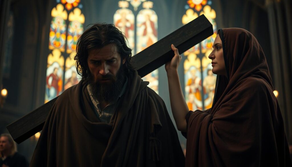 A dimly lit cathedral interior, stained glass windows casting a warm glow. In the foreground, two figures stand solemnly - Simon, a weathered man, and Veronica, a woman with a pained yet compassionate expression. Simon carries a heavy cross, his face etched with exhaustion, while Veronica tenderly wipes the sweat and blood from his brow with a cloth. The scene is captured with a shallow depth of field, emphasizing the intimate, emotional moment between the two. Subtle, atmospheric lighting and muted tones evoke a sense of reverence and contemplation, as if the viewer is bearing witness to a sacred, transformative event.
