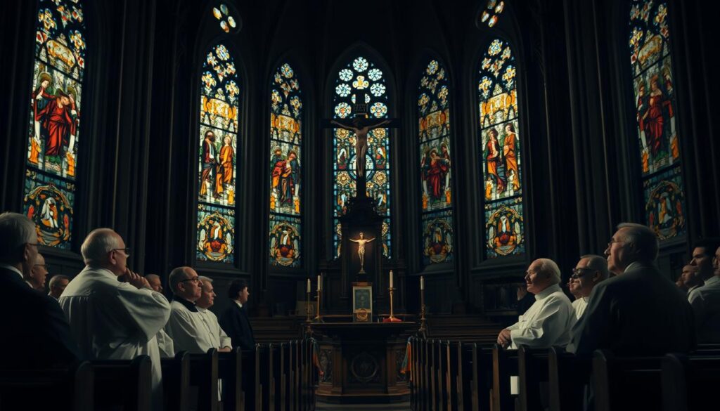 A dimly lit cathedral interior, stained glass windows casting a warm glow. In the foreground, a group of Catholic clergy in solemn discussion, their expressions thoughtful and contemplative. In the middle ground, a podium with a large crucifix, symbolic of the church's teachings. In the background, rows of wooden pews, the space imbued with a sense of reverence and introspection. The lighting is soft and atmospheric, creating a pensive, introspective mood. The scene conveys the evolving nature of the church's perspective on capital punishment, as the clergy grapple with the weight of this complex moral issue.