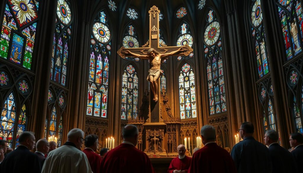 A dimly lit cathedral interior, stained glass windows casting kaleidoscopic patterns on ornate stone walls. In the foreground, a group of Catholic clergy in traditional robes, deep in discussion, their expressions solemn as they ponder the church's social teachings throughout history. In the middle ground, a large, intricately carved crucifix stands as a symbol of the faith's central focus on charity and justice. The background is shrouded in a warm, contemplative atmosphere, hinting at the rich tapestry of Catholic social thought that has influenced the world for centuries.
