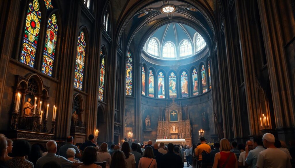 A dimly lit cathedral interior, stained glass windows casting kaleidoscopic patterns on the stone walls. In the foreground, an ornate altar adorned with religious iconography, candles flickering. In the middle ground, worshippers of diverse cultural backgrounds kneeling in reverence, their expressions a tapestry of devotion. The background reveals a grand, arched ceiling, intricate carvings and frescoes depicting scenes from Christian history, blending influences from various regional traditions. Soft, warm lighting illuminates the scene, creating an atmosphere of sacred contemplation, where the diverse cultural threads of the faith converge.