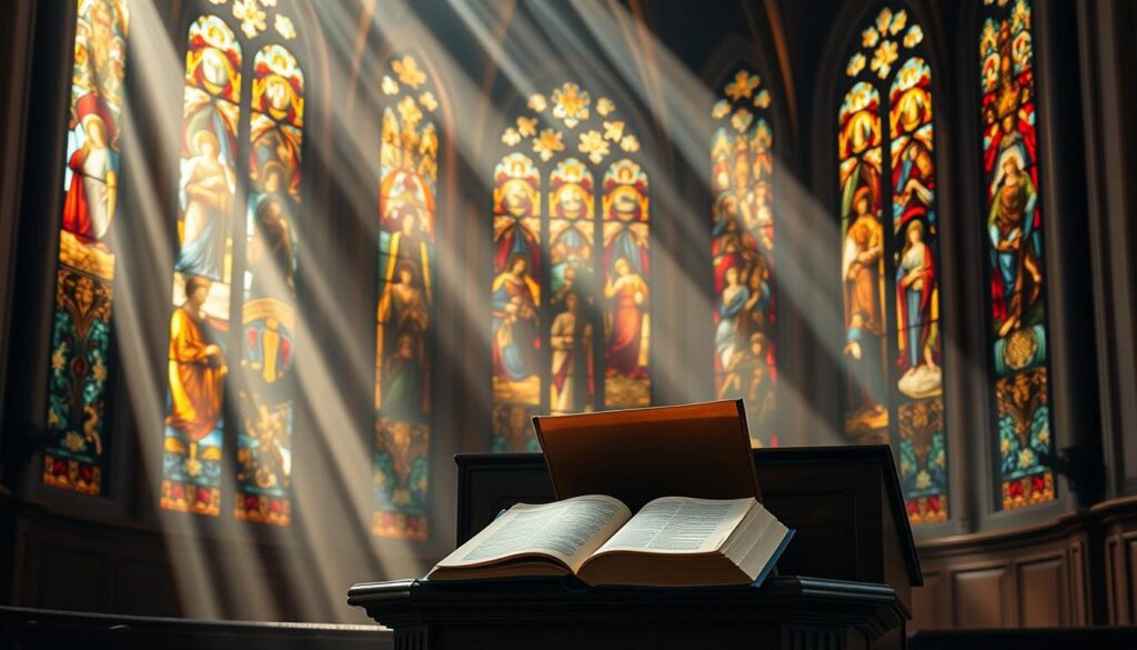 A dimly lit cathedral interior, stained glass windows casting warm hues across a wooden pulpit. On the pulpit, an ornate Bible and a parchment scroll, representing the interplay of scripture and sacred tradition. Rays of light stream through the windows, illuminating the scene with a reverent, contemplative atmosphere. The scene conveys a sense of the timeless, enduring nature of Catholic faith, grounded in both the written Word and the living, evolving tradition of the Church.