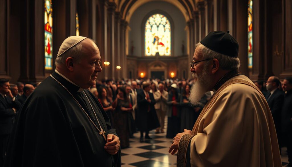 A dimly lit cathedral interior, stained glass windows casting warm hues across polished marble floors. In the foreground, two figures - a Catholic priest and a Jewish rabbi - engaged in deep discussion, their faces reflecting thoughtful contemplation. The middle ground reveals a crowd of diverse individuals, some nodding, others gesturing animatedly, symbolizing the shift in attitudes following the Nostra Aetate declaration. The background fades into a soft, hazy atmosphere, evoking a sense of reverence and the weight of history. Cinematic, low-angle lighting lends an air of significance to the scene, capturing the profound impact of this landmark interfaith dialogue.