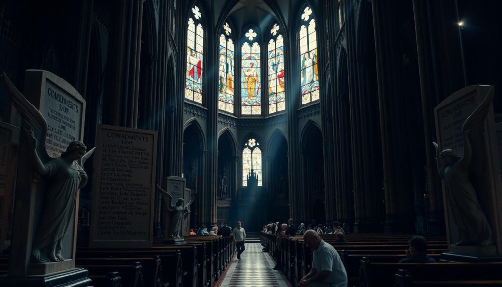 A dimly lit cathedral interior, stained glass windows casting warm hues upon carved stone tablets displaying the Ten Commandments, each law etched in elegant Latin script. In the foreground, sculpted angelic figures stand guard, wings outstretched, creating an atmosphere of reverence and divine guidance. The middle ground features ornate, wooden pews and kneeling parishioners, heads bowed in contemplation. The background showcases the grand, vaulted ceilings and towering columns, instilling a sense of grandeur and timelessness. Subtle beams of light filter through the windows, adding depth and a sense of sacred illumination to the scene.