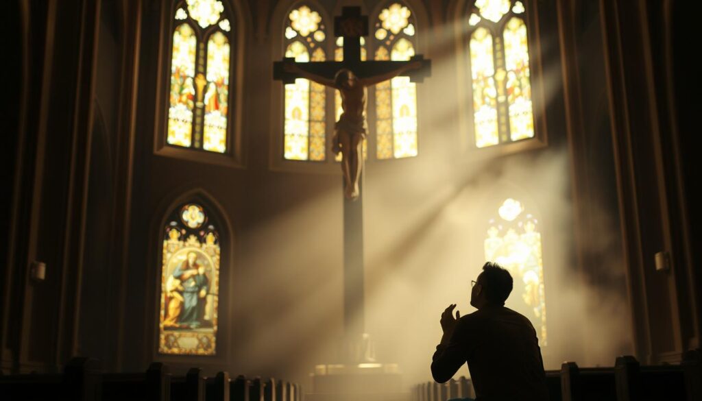 A dimly lit cathedral interior, the stained glass windows casting a warm, ethereal glow. In the foreground, a figure kneeling in prayer, hands clasped, face uplifted, conveying a sense of humility and supplication. The figure is surrounded by a soft, diffuse light, as if bathed in the presence of the Holy Spirit. In the middle ground, a large, ornate crucifix dominates the scene, its carved figure serving as a symbol of divine forgiveness and redemption. The background fades into a hazy, atmospheric space, hinting at the vastness and mystery of the spiritual realm. The overall tone is one of reverence, solemnity, and the transformative power of divine grace.