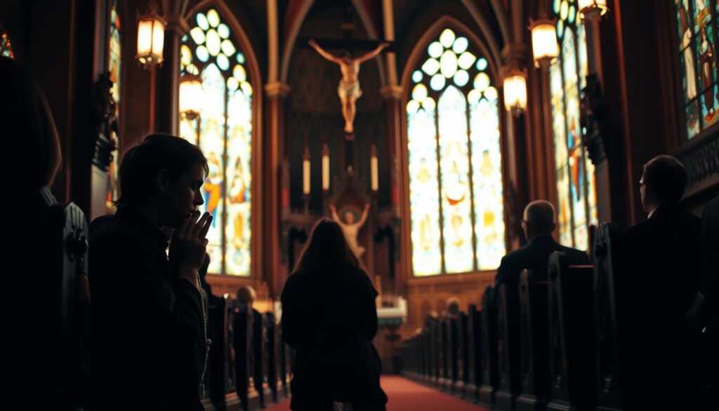 A dimly lit cathedral interior, the stained glass windows casting a warm, reverent glow. In the foreground, a worshiper kneels in prayer, rosary beads clasped tightly in their hands. Shadowy figures of other parishioners can be seen in the middle ground, heads bowed in contemplation. The background features ornate wooden pews, intricate altar carvings, and the towering presence of a crucifix, symbolizing the central tenet of Catholic faith. The scene conveys a sense of solemn reverence, with soft lighting and muted tones evoking the solemnity of Catholic prayer traditions.