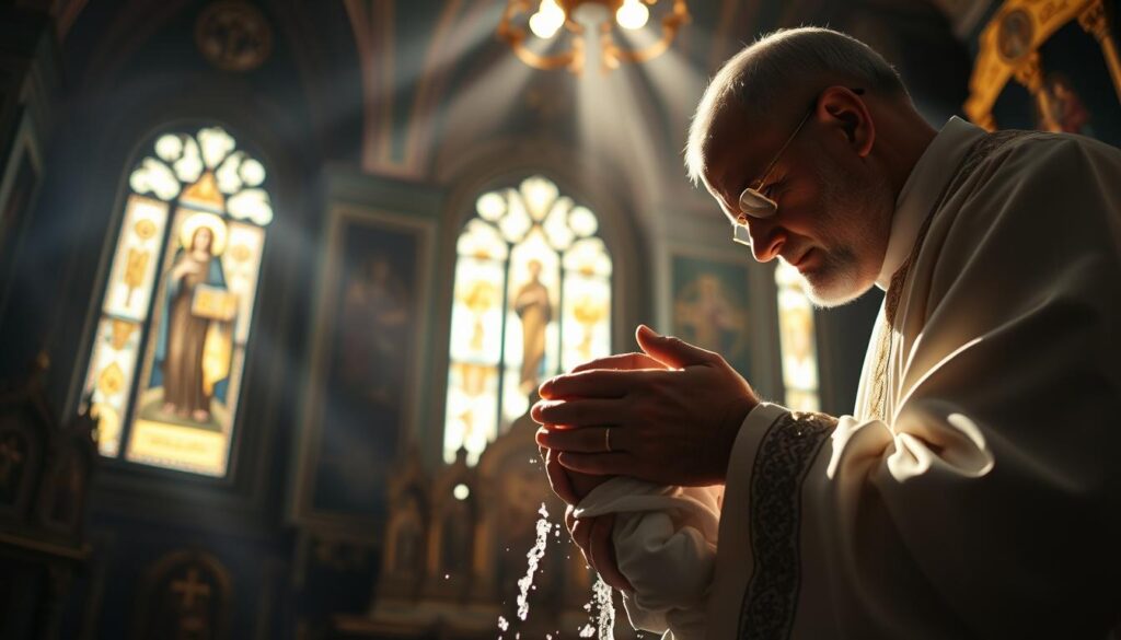 A dimly lit cathedral interior, with ornate Byzantine-style icons adorning the walls. In the foreground, a priest performs a baptismal ceremony, his hands cupping the infant's head as holy water cascades down. Filtered sunlight streams through stained glass windows, casting a reverent glow upon the ritual. The atmosphere is one of solemn reverence, with the iconography and liturgical vestments evoking the rich traditions of the Orthodox Christian faith. The composition emphasizes the centrality of the baptismal practice within the broader context of Orthodox liturgical observances.