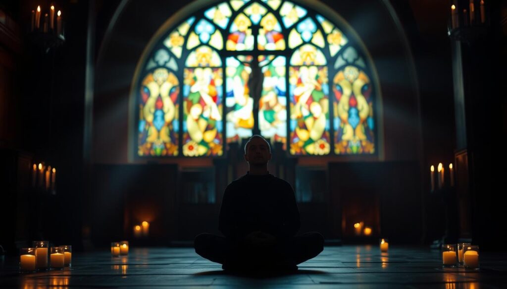 A dimly lit chapel, bathed in the warm glow of candlelight. In the foreground, a figure seated in a lotus position, hands resting gently on their lap, eyes closed in deep contemplation. The middle ground reveals a stained glass window, filtering soft, multicolored light, creating a serene, almost ethereal atmosphere. In the background, a crucifix stands tall, a symbol of the harmony between Eastern and Western spiritual traditions. The scene exudes a sense of tranquility and inner peace, inviting the viewer to join in the meditative, prayerful experience.
