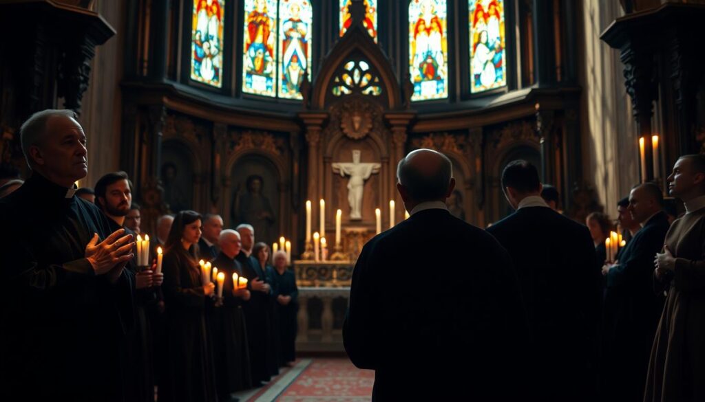 A dimly lit chapel interior, stained glass windows casting warm hues upon the scene. In the foreground, three Jesuit priests solemnly kneel, hands clasped in prayer as they take their vows of poverty, chastity, and obedience. Behind them, the community gathers, faces etched with reverence and a sense of shared purpose. Soft candlelight flickers, illuminating the ornate altar and the intricate carvings that adorn the walls, creating an atmosphere of timeless tradition and devotion. The composition captures the essence of Jesuit Catholicism, its unwavering commitment to service and the sacred bonds that unite the order.