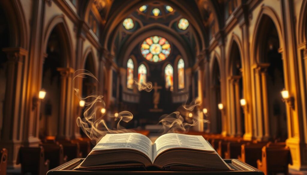 A dimly lit church interior, the altar bathed in warm, golden light. In the foreground, an open book rests on a lectern, its pages fluttering as if in a gentle breeze. Surrounding the book, wisps of incense swirl, creating an ethereal, contemplative atmosphere. In the middle ground, rows of wooden pews fade into the shadows, hinting at the faithful gathered in solemn prayer. The high-arched ceiling above is adorned with intricate carvings and stained-glass windows, casting a kaleidoscope of colored light onto the scene. The overall mood is one of reverence, as if the very walls of the church bear witness to the timeless liturgy and the core beliefs that sustain the faithful.