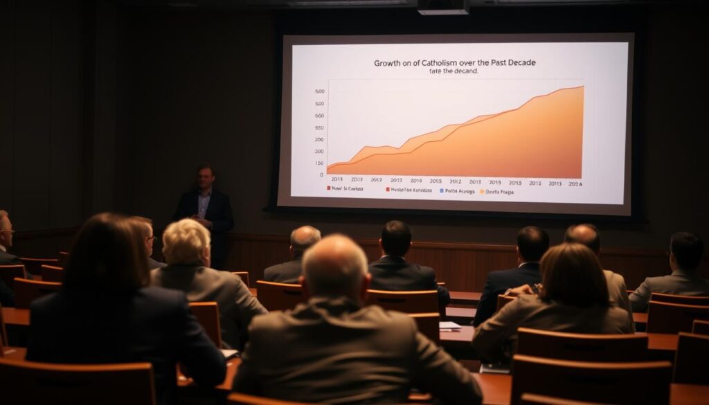 A dimly lit conference room, wooden tables, and chairs arranged in neat rows. On the projection screen, a detailed line graph displays the growth trends of Catholicism over the past decade. The graph is highlighted with warm, muted tones, conveying a sense of seriousness and analysis. In the foreground, a group of people, their faces obscured, lean in, studying the data intently. The lighting is soft, casting subtle shadows, creating a contemplative atmosphere. The scene evokes a sense of careful examination and thoughtful discussion around the evolving landscape of the Catholic faith.