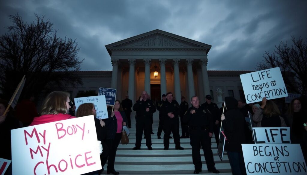 A dimly lit courthouse steps, protesters on both sides of the legal abortion debate passionately voicing their views. In the foreground, a group holding signs with slogans like "My Body, My Choice" and "Life Begins at Conception". In the middle, police officers maintaining order, their uniforms casting long shadows. In the background, the grand façade of the courthouse, its columns and pediments evoking the weight of the law. Overhead, a moody, overcast sky, the natural light filtered and muted, creating a palpable sense of tension and gravity. The scene conveys the societal and legal complexities surrounding the abortion issue in the United States.