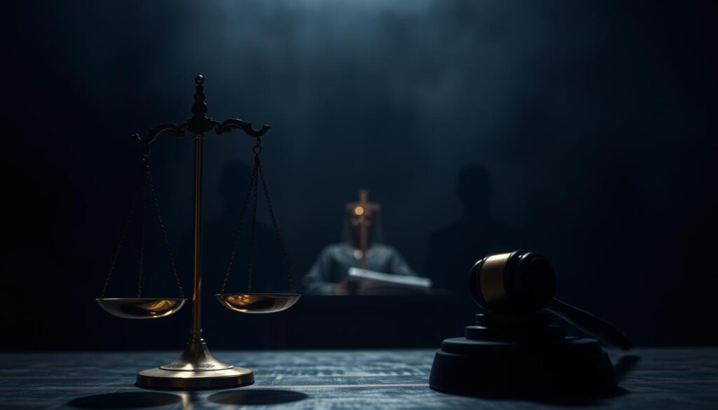 A dimly lit courtroom, the scales of justice stand somberly in the foreground, their delicate balance conveying the weighty ethical dilemma of capital punishment. In the middle ground, a judge's gavel rests on a table, a symbol of the grave responsibility of handing down life-or-death decisions. The background is hazy, casting an air of solemn contemplation, as shadowy figures represent the complex moral and spiritual debates surrounding this controversial practice. Soft, moody lighting casts dramatic shadows, heightening the sense of gravity and unease. This scene evokes the profound ethical challenges and considerations that the Catholic Church must navigate when addressing the morality of capital punishment.