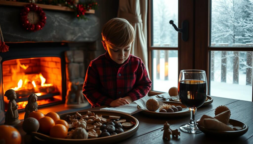 A dimly lit, cozy interior scene of a traditional European household on the Feast of St. Nicholas. In the foreground, a young child kneels before a tray of tangerines, nuts, and chocolate coins, their face aglow with wonder. Wooden figurines of St. Nicholas and his companion Krampus stand watch nearby. In the middle ground, a roaring fireplace casts a warm, golden light, illuminating a table laden with seasonal treats and a glass of mulled wine. The background reveals a snowy landscape visible through a frost-covered window, hinting at the winter wonderland outside.