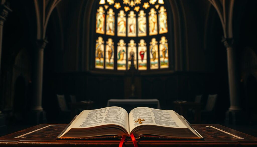A dimly lit ecclesiastical setting, with an ornate wooden desk in the foreground. Atop the desk, an open book with gilded edges and a Catholic cross insignia, symbolizing the imprimatur, or official endorsement, of the Church. The background features intricate stone arches and stained glass windows, casting a warm, reverent glow over the scene. The lighting is soft and directional, creating deep shadows and highlights that accentuate the textures and details of the materials. The overall atmosphere is one of solemn authority and sacred tradition, conveying the gravity and significance of the Catholic Church's role in the translation and approval of Holy Scripture.