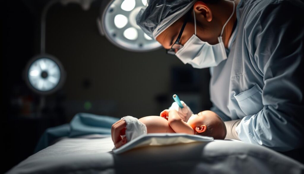 A dimly lit hospital room, the soft glow of medical equipment casting a serene atmosphere. In the foreground, a newborn infant boy rests peacefully on a pristine white blanket, his tiny form delicate and vulnerable. A skilled physician, clad in sterile surgical attire, leans in closely, performing the delicate procedure with utmost care and precision. The background is hazy, the focus drawn to the central act, capturing the essence of contemporary infant male circumcision in the United States. The image conveys a sense of both medical necessity and the profound human experience underlying this cultural practice.
