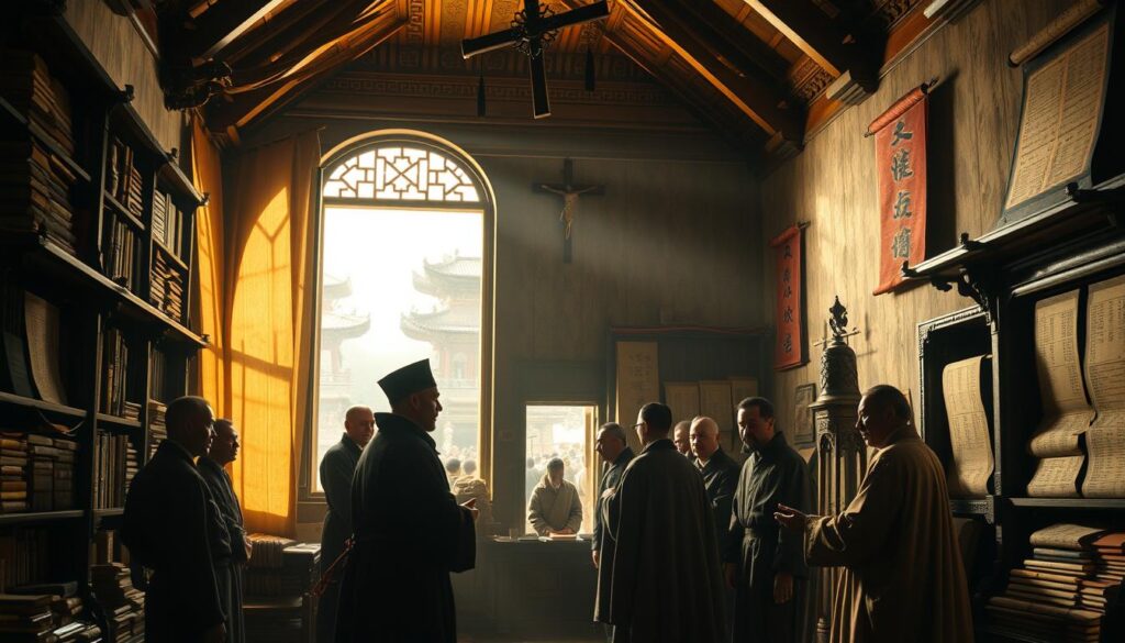 A dimly lit interior of a Jesuit mission in 17th century China. In the foreground, Matteo Ricci, the renowned Italian missionary, stands dressed in traditional Chinese scholar's robes, engaged in deep discussion with a group of local officials. Shelves of ancient texts and scrolls line the walls, casting a warm, scholarly glow. Through a window in the middle ground, a glimpse of bustling Chinese street life, a blend of Eastern and Western influences. The background features a vaulted ceiling, ornate architectural details, and a crucifix, symbolizing the convergence of Catholicism and Chinese culture. The scene conveys a sense of contemplation, cultural exchange, and the profound impact of Ricci's missionary efforts on the spread of Western ideas in China.