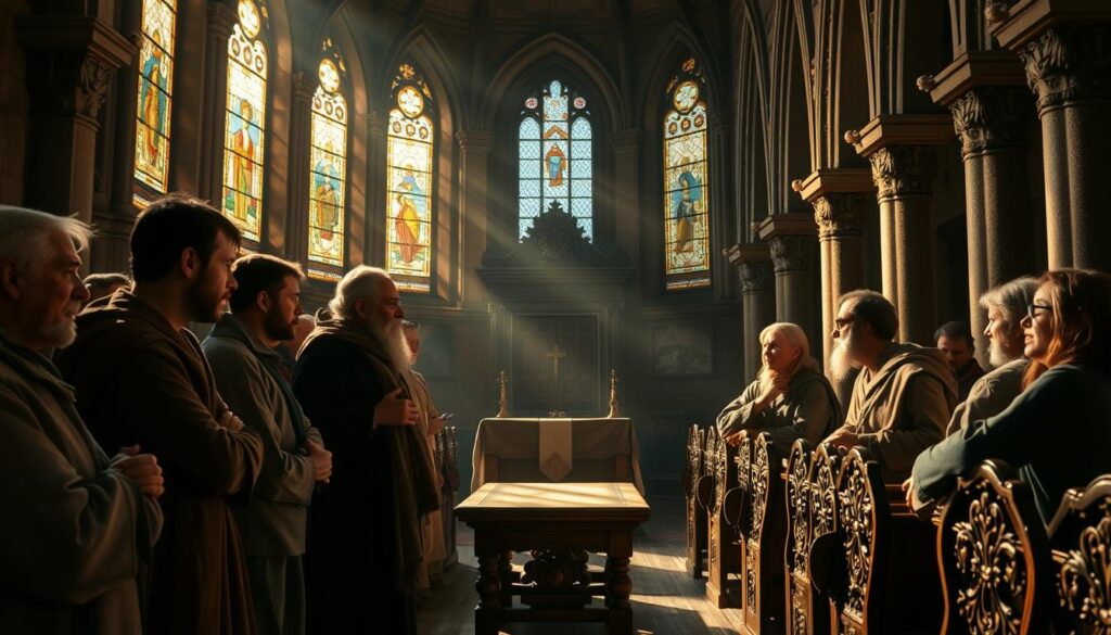 A dimly lit interior of an early Christian church, sunlight filtering through stained glass windows casting a warm, reverent glow. In the foreground, a group of scholars and disciples gathered around a wise, elderly teacher, engaged in a lively discussion. Their faces express a mixture of contemplation and curiosity as they explore the concepts of free will and divine providence. The middle ground features ornate, carved wooden pews and a simple altar, symbolizing the reverence and devotion of the early Christian community. The background showcases intricate stone arches and columns, hinting at the architectural grandeur of these places of worship. The overall atmosphere conveys a sense of intellectual discourse and spiritual enlightenment within the early Christian tradition.