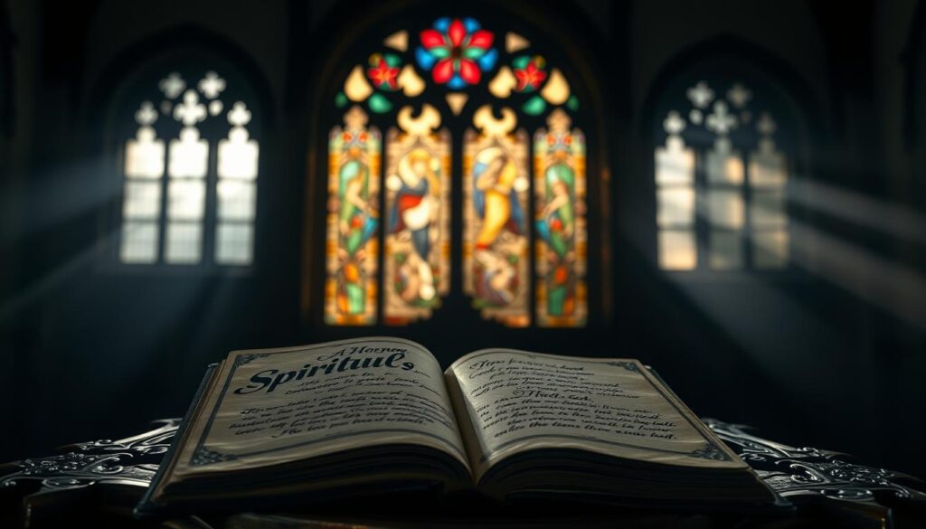 A dimly lit interior, soft chiaroscuro lighting casting dramatic shadows. In the foreground, an ornate, antique wooden table supporting a tattered leather-bound book, its pages open to reveal handwritten spiritual quotes in an elegant calligraphic script. In the middle ground, a stained glass window filters in muted, jewel-toned light, casting colorful reflections across the scene. The background is shrouded in a contemplative, almost mystical atmosphere, hinting at the profound theological depth underlying the displayed quotes.