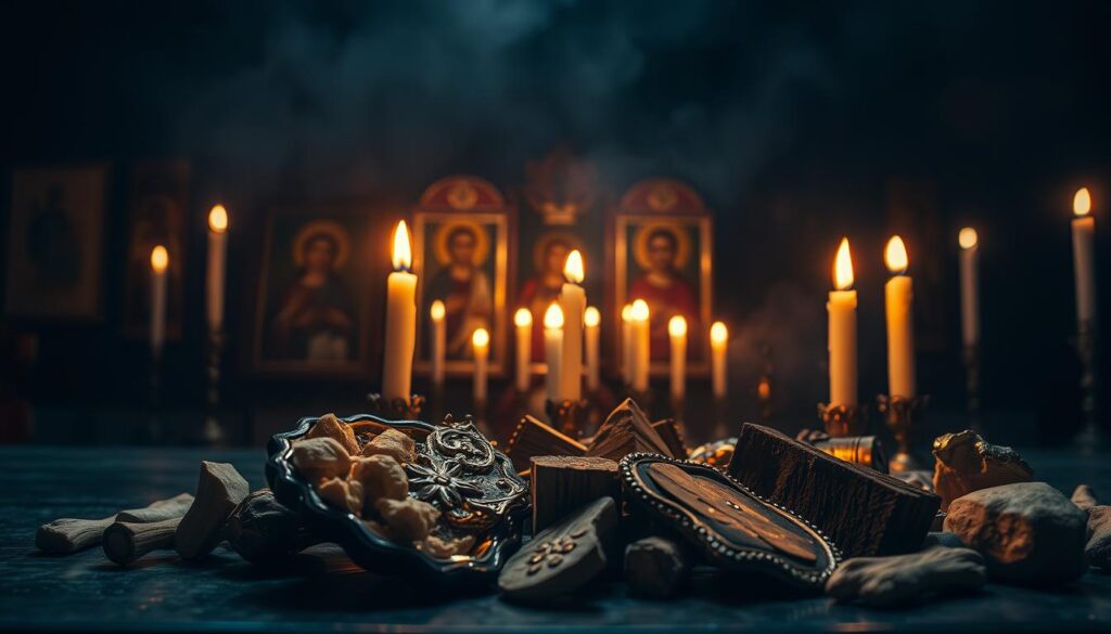 A dimly lit interior, the soft glow of candlelight casting a warm, reverent atmosphere. In the foreground, a collection of sacred relics - fragments of bone, cloth, and wood, each encased in ornate reliquaries of gold and silver. Their surfaces reflect the flickering flames, imbuing them with a sense of otherworldly significance. In the middle ground, a series of religious icons, their painted faces transfixed in expressions of deep devotion. The background fades into a hazy, atmospheric space, hinting at the spiritual realm beyond. The entire scene evokes a feeling of profound reverence and connection to the divine.