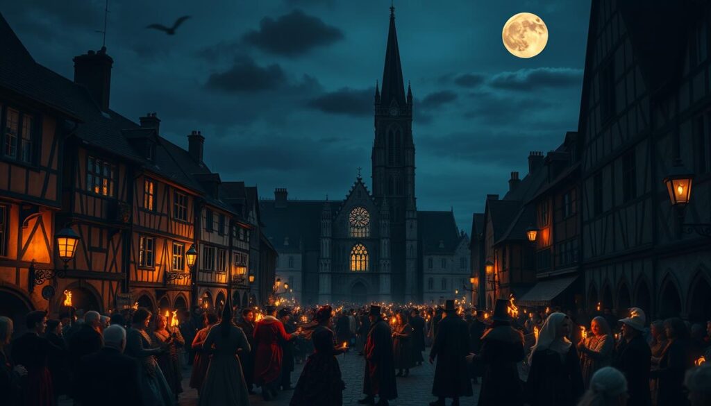 A dimly lit medieval European town square, bathed in the soft glow of flickering torchlight and candles. In the foreground, a group of revelers dressed in elaborate costumes and masks, dancing and celebrating in the streets. In the middle ground, a towering gothic cathedral stands sentinel, its stained glass windows casting colorful shadows. In the background, a full harvest moon rises over the distant hills, casting an eerie, otherworldly atmosphere. The scene evokes a sense of ancient tradition, mysticism, and the blending of pagan and Christian elements that defined the evolution of European Halloween customs.