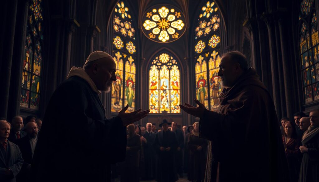 A dimly lit medieval cathedral, the intricate stained glass windows casting a warm glow over the ornate interiors. In the foreground, two robed figures stand in heated discussion, their gestures and expressions conveying the tension of a theological divide. Behind them, a crowd of worshippers observe the scene, their faces reflecting the gravity of the historical moment. The ambient lighting creates a sense of reverence and solemnity, as if capturing the very foundations of the Great Schism that would ultimately separate the Eastern and Western Christian traditions.