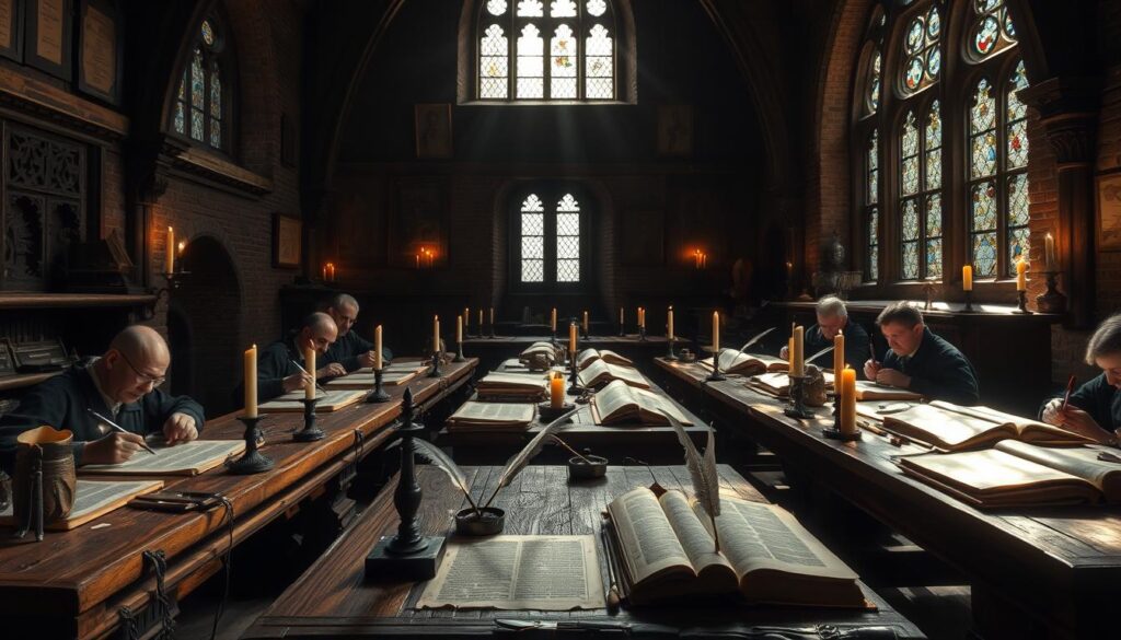 A dimly lit medieval scriptorium, sunlight filtering through stained glass windows, illuminating ancient parchments and vellum manuscripts. Quill pens and inkwells sit on sturdy oak tables, surrounded by the quiet concentration of monastic scribes carefully transcribing sacred texts. The air is thick with the scent of aged paper and beeswax candles. A sense of reverence and timelessness pervades the scene, as these early church writings represent the foundation of Catholic faith and tradition.