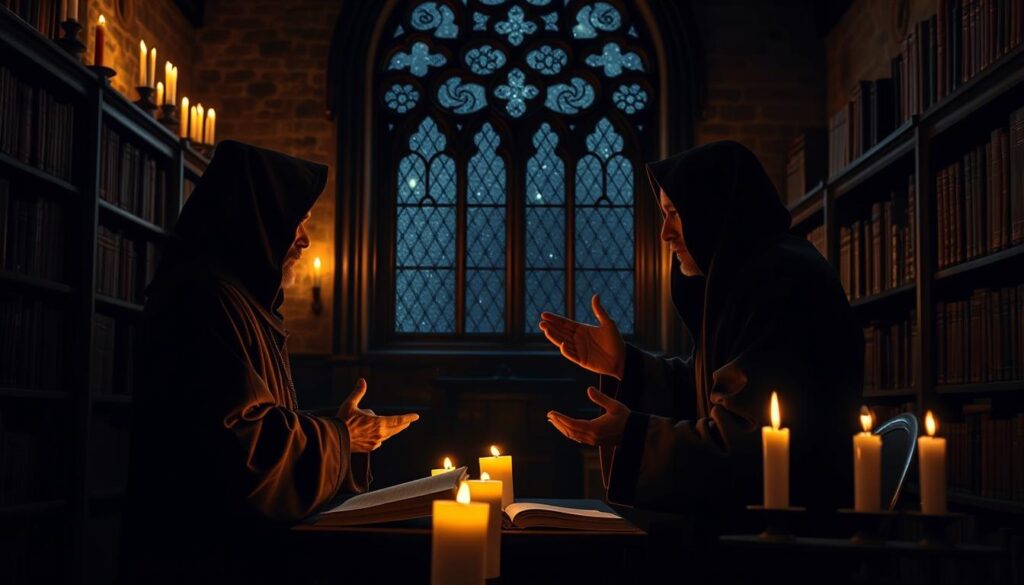 A dimly lit medieval study, illuminated by flickering candlelight. In the foreground, two scholars in hooded robes engage in intense debate, gesturing animatedly as they delve into the intricacies of free will. Behind them, shelves of ancient tomes line the walls, casting long shadows. In the background, a grand, ornate window offers a glimpse of a starry night sky, hinting at the cosmic scale of their philosophical discourse. The scene exudes an atmosphere of intellectual rigor, spiritual contemplation, and the weight of centuries-old tradition.