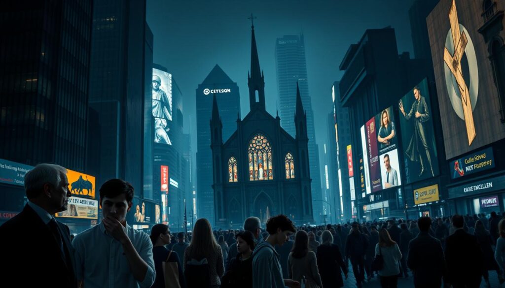 A dimly lit, modern cityscape with towering skyscrapers and neon-lit billboards. In the foreground, a group of people facing moral dilemmas - a businessperson contemplating a shady deal, a young adult struggling with a crisis of conscience, and a family grappling with a difficult decision. The middle ground features a catholic church, its stained glass windows casting an ethereal glow. In the background, a crowd of people navigating the bustling streets, each lost in their own moral quandaries. The scene is bathed in a somber, contemplative tone, with muted colors and dramatic chiaroscuro lighting, evoking the complexities of modern Catholic sins.