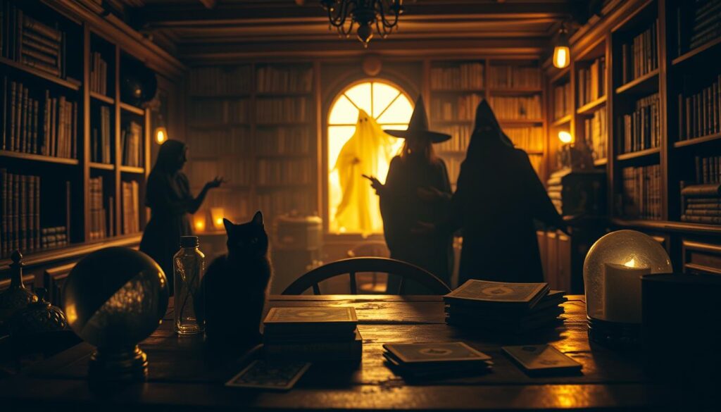 A dimly lit, moody scene of Halloween myths and misconceptions being debunked. In the foreground, a table with various occult objects - a crystal ball, tarot cards, and a black cat - but these are revealed to be ordinary household items. In the middle ground, shadowy figures representing common Halloween superstitions - black cats, witches, and ghosts - are being illuminated by a warm, golden light, exposing their mundane nature. The background depicts a cozy, old-world library setting, with bookshelves lining the walls, hinting at the scholarly approach to unraveling these myths. The lighting is a mix of soft, ambient illumination and dramatic chiaroscuro, creating an atmosphere of intrigue and revelation. The overall tone is one of rational inquiry and the dispelling of spooky legends.