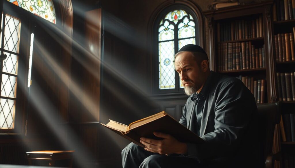 A dimly lit, old-fashioned study, adorned with ornate bookcases and antique furniture. A lone scholar, dressed in traditional Jewish attire, sits hunched over a weathered tome, deep in contemplation. Dusty shafts of light filter in through a stained-glass window, casting a warm, reverent glow on the scene. The scholar's brow is furrowed, suggesting the weight of the historical testimonies they are poring over - accounts that offer a unique Jewish perspective on the life and teachings of Jesus. The atmosphere is one of solemn reflection, a testament to the gravity and significance of these ancient documents.