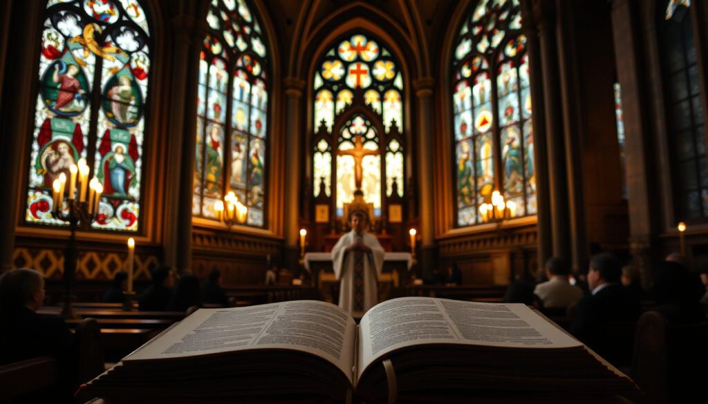 A dimly lit, ornate Catholic church interior with intricate stained glass windows, Gothic arches, and stone columns. Warm candlelight illuminates a central altar adorned with religious iconography, evoking a reverent atmosphere. In the foreground, an open leather-bound book lies on a wooden lectern, representing the sacred scripture. In the middle ground, a priest in traditional vestments stands before the congregation, symbolizing the significance of church tradition and teachings. The background features shadowy pews and worshippers, creating a sense of timelessness and the enduring presence of the Catholic faith.